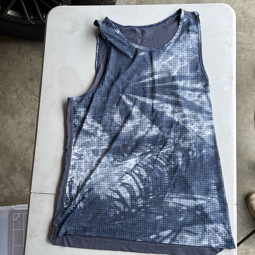 LULULEMON Men’s Navy Blue Metal Vent Tech Grid Palm Tree Beach Muscle Tee Tank